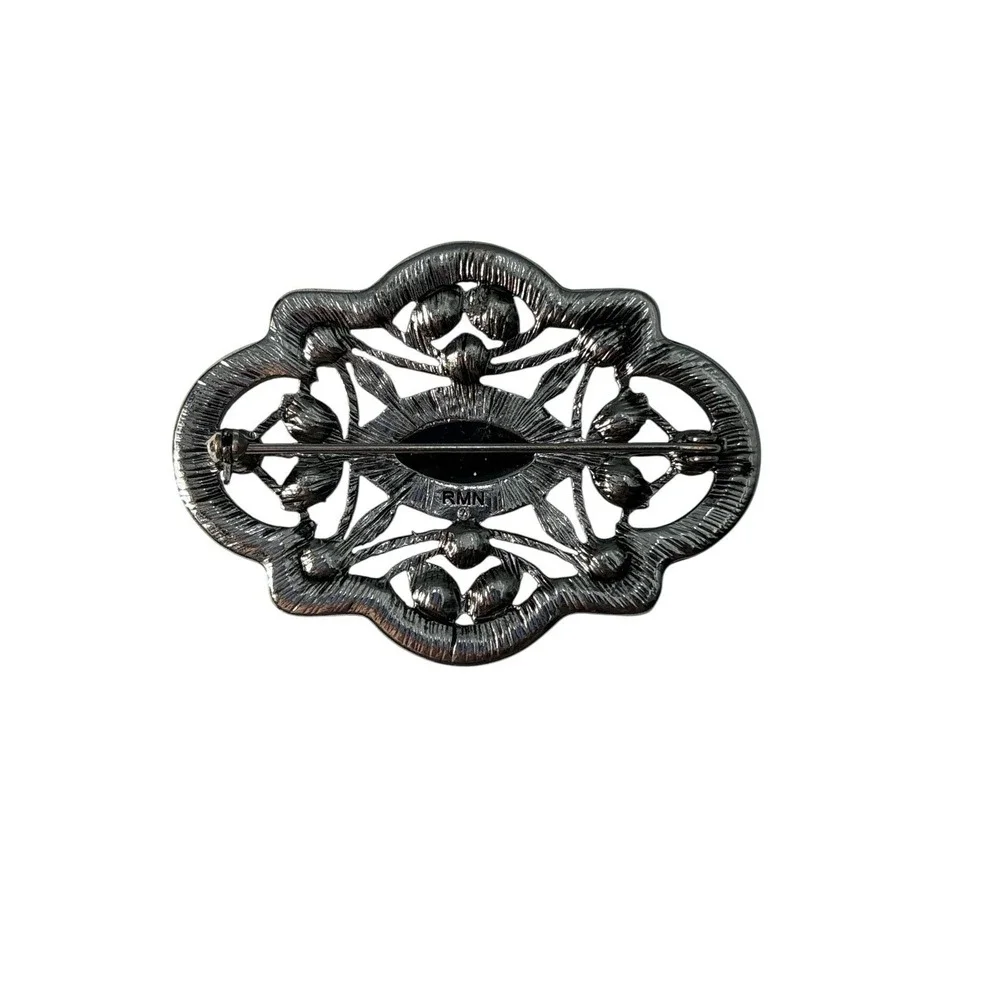 Vintage Signed RMN Silver‎ Tone Marcasite Faux Hematite Center Brooch Pin